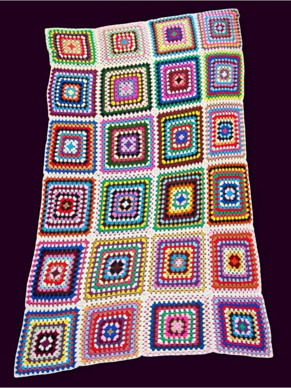 Vintage Handmade Large Colorful Granny Square Crochet Hippie Afghan